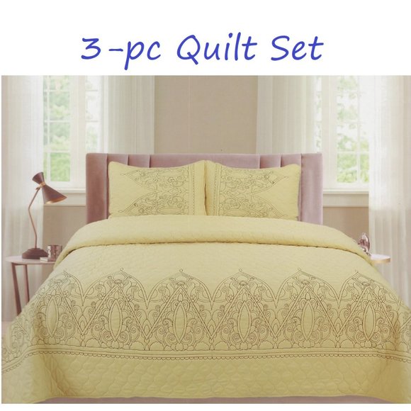 Sophisticated Quilted Bedspread Set 3 Piece Quilt Set - Queen & King Size Cream - Picture 1 of 2